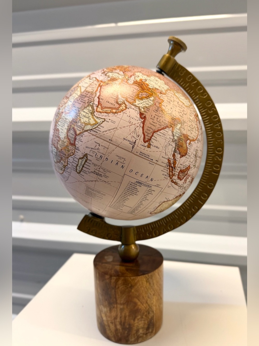 World Globe Desk Decor 15” Tall 7.5” Pink Map Globe Wood Base Brass Tone Stand